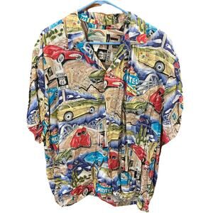 Paradise Found Mens Hawaiian Shirt Route 66 Sz XL Vtg Cars Fuel Injection Desert